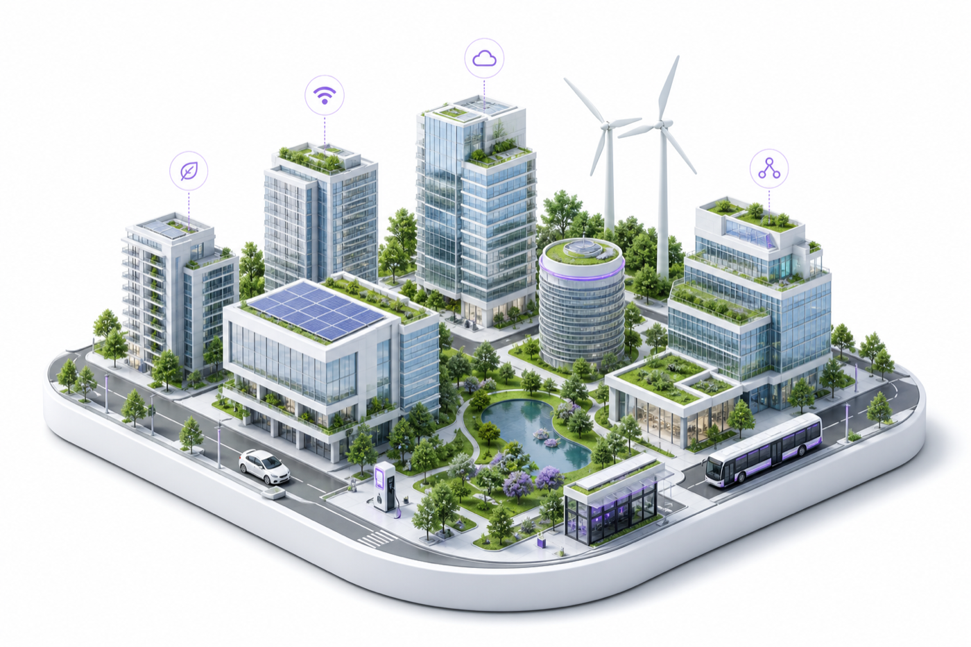 Ilustração isométrica sofisticada de uma cidade inteligente com arquitetura moderna, energia limpa e conectividade urbana